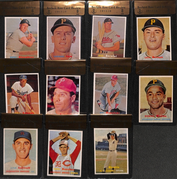 Lot of 11 - 1957 Topps Graded Baseball Cards - All Graded BVG 8.0 - w. Enos Slaughter