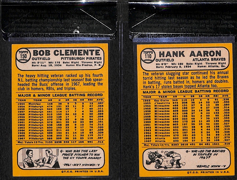 Lot of 2 1968 Topps Baseball Cards - Roberto Clemente & Hank Aaron - Both BVG 7.0