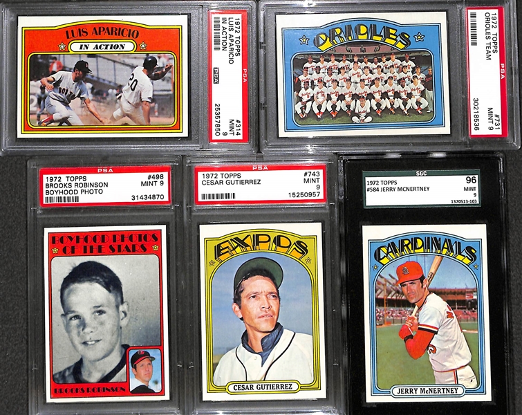 Lot of 5 - 1972 Topps Baseball Cards - All Grade 9 - w. Luis Aparicio In Action PSA 9