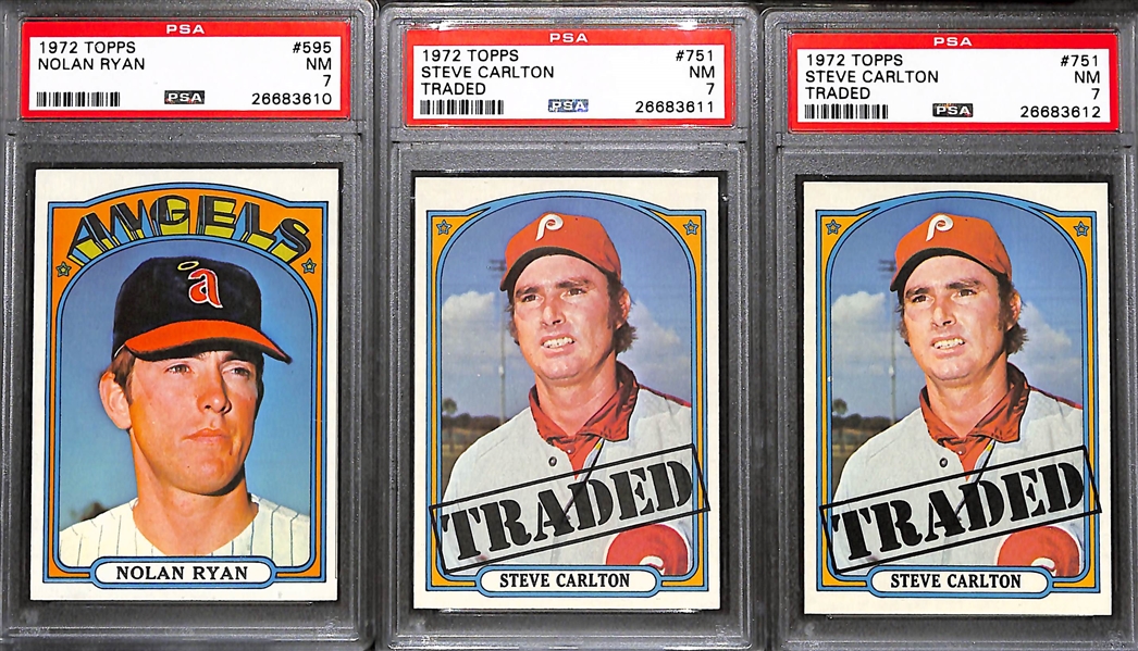 Lot of 3 - 1972 Topps Baseball Cards - All PSA 7 - w. Nolan Ryan & Steve Carlton Traded x2