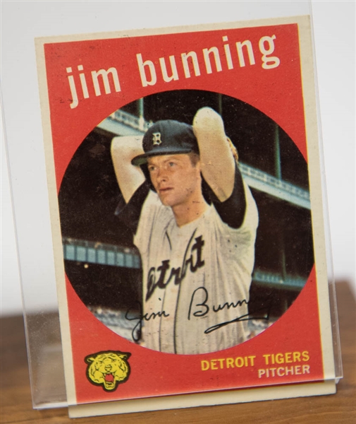  Jim Bunning Autograph Baseball Display w. 1959 Topps Baseball Card - JSA