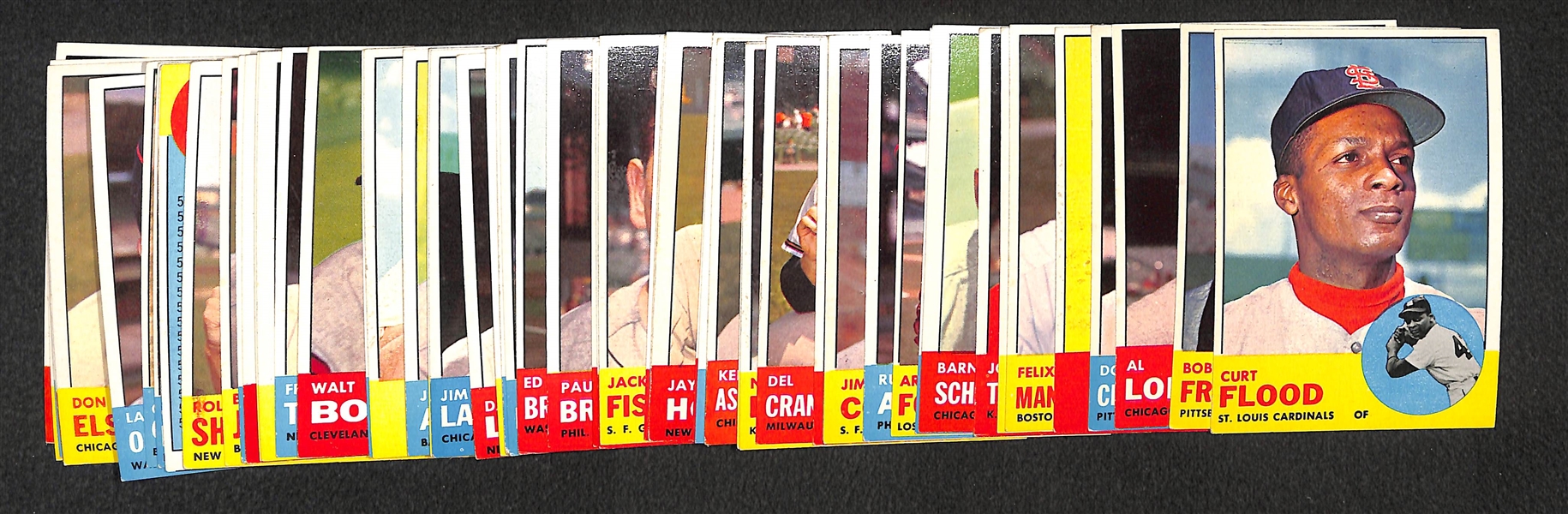Lot of 62 Different 1963 Topps Baseball Mid-High Number Cards w. Curt Flood