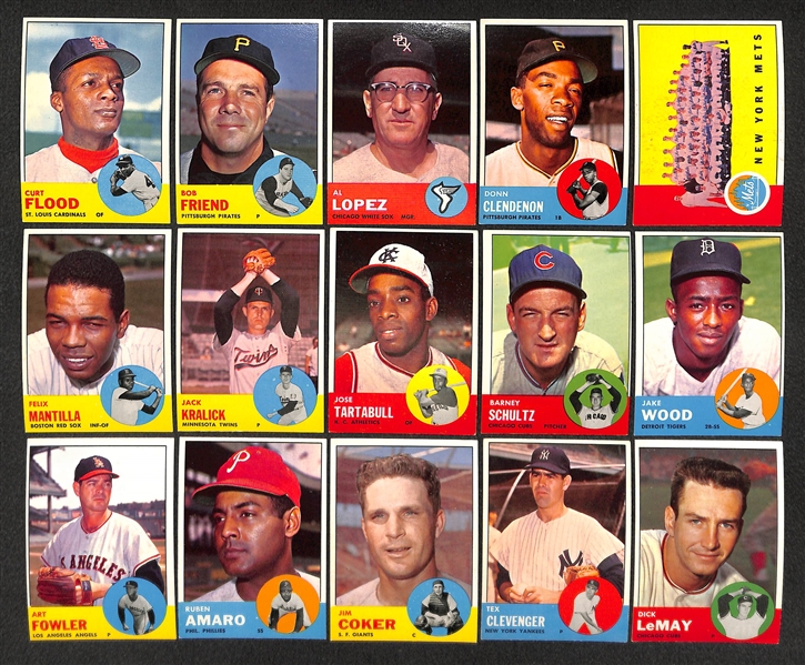 Lot of 62 Different 1963 Topps Baseball Mid-High Number Cards w. Curt Flood
