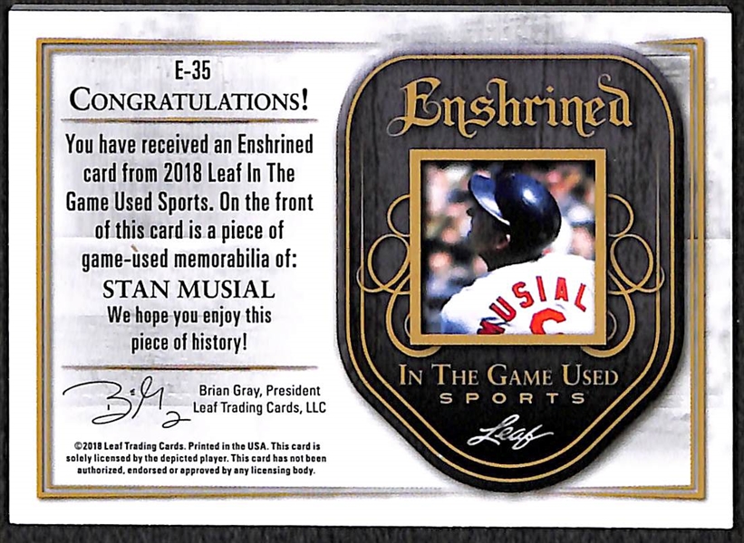 Stan Musial 2018 Leaf In The Game Used #1/1 Jersey Relic Card