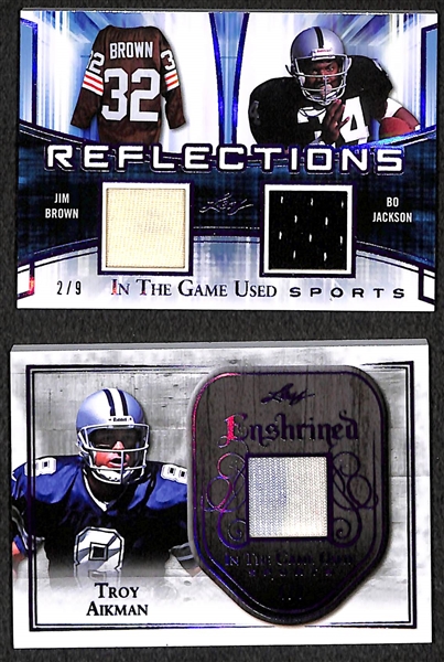 Lot of 2 - 2018 Leaf In The Game Used Troy Aikman (#4/9) & Jim Brown/Bo Jackson (#2/9) Jersey Relic Cards