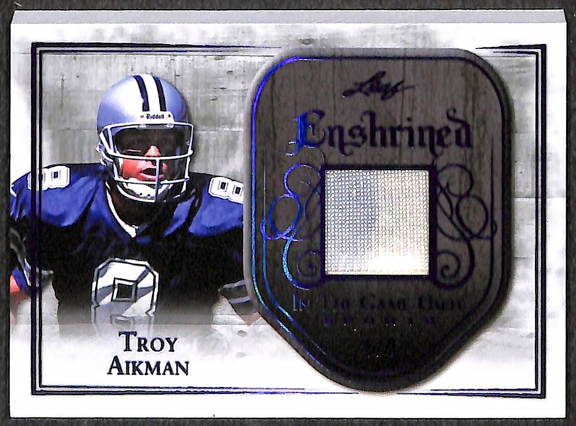 Lot of 2 - 2018 Leaf In The Game Used Troy Aikman (#4/9) & Jim Brown/Bo Jackson (#2/9) Jersey Relic Cards