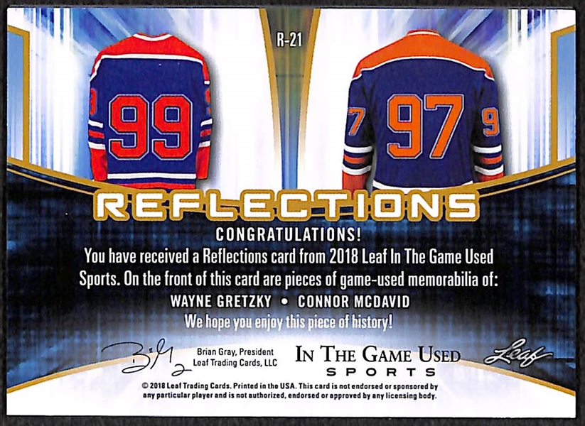 Connor McDavid & Wayne Gretzky 2018 Leaf In The Game Used Jersey Relic Card #2/6