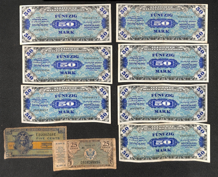 Lot of Paper Money - Inc. (8) 1953 Red Seal $2 Dollar Bills; (2) Military Payment Certificates; (5) Germany 50 Mark Series 1944 Banknote (WW2)