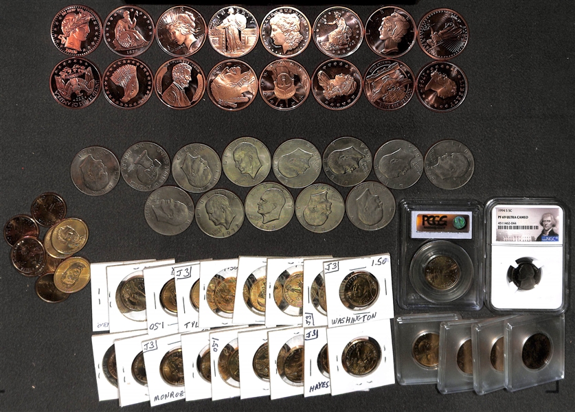 Large Lot of Coins, inc. (33) One Dollar Coins, (13) Liberty Dollar Coins, and (16) Liberty AVDP .999 Copper One Ounce, and (1) 1994 S Jefferson Nickel NGC PF69 