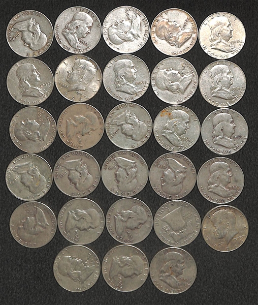 Lot of 28 Franklin Half Dollars & (8) John F. Kennedy Half Dollars - Silver