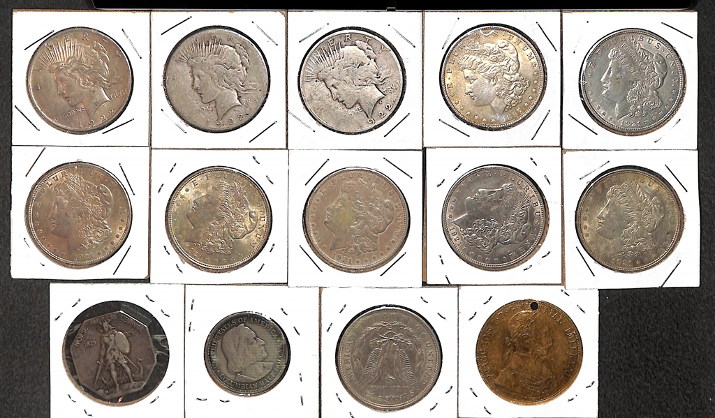 Lot of (8) Morgan Silver Dollars, (3) 1922 Peace Dollars, & (12) Additional Commemorative & Foreign Coins