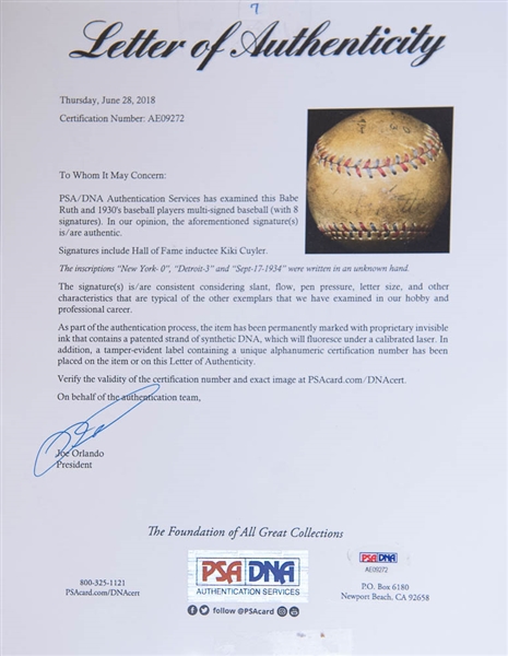 Babe Ruth Multi-Signed Autographed Baseball - Multi-Signed w. 8 1930s Signatures Including Ruth on the Sweet Spot - PSA/DNA