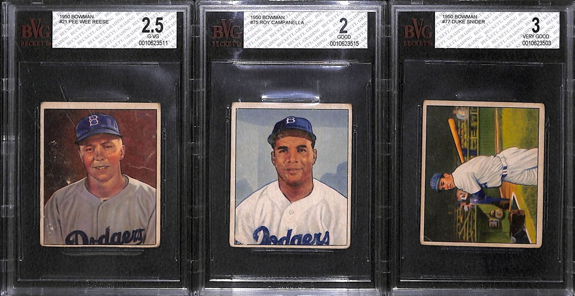 Lot of 3 - 1950 Bowman Baseball Cards - Reese, Campanella, Snider - BVG