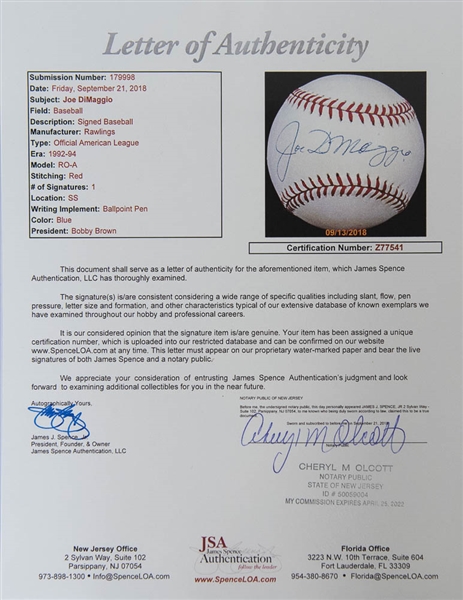 High-Quality Joe DiMaggio Signed American League Baseball - JSA COA