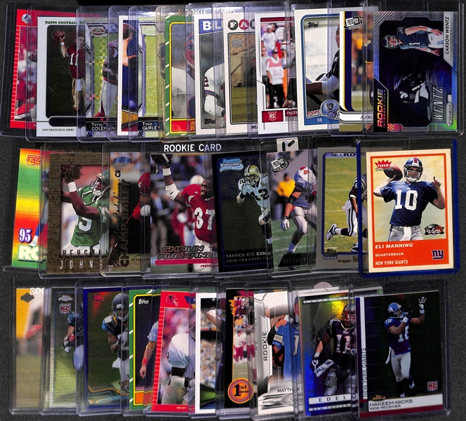 Lot of Over 450 Football Rookie Cards (Mahomes, Wentz, A. Rodgers, Bo Jackson, Favre, Gurley, ...) in Full 2-Row Box