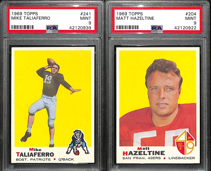 Lot of (2) PSA 9 Mint 1969 Football Cards - Taliaferro # 241 (Patriots) and Hazeltine #204 (49ers)