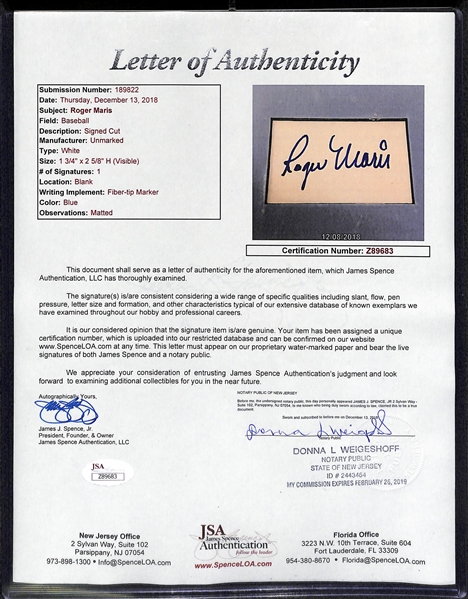 Roger Maris Cut Autograph & Photo Matte Display - JSA LOA