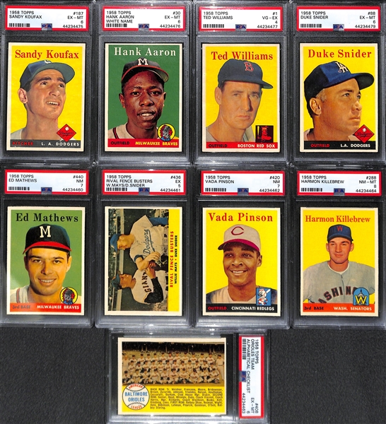 Near Complete High-Grade 1958 Topps Baseball Card Set (Missing Only 3 Cards Listed Above) w. Brooks Robinson PSA 7 (2nd Year Card)