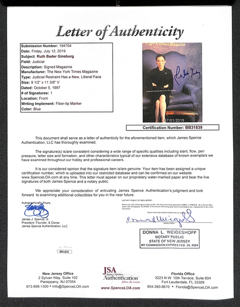 Ruth Bader Ginsburg Signed New York Times Magazine - JSA