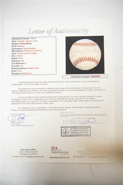 Mickey Mantle Signed Official American League Baseball (Bobby Brown President) w/ JSA LOA