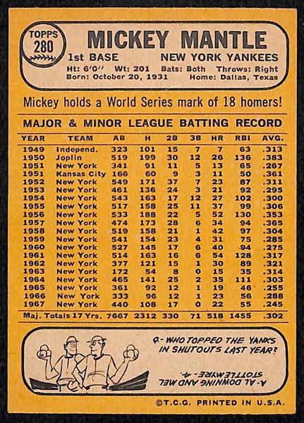 1968 Topps Mickey Mantle Card #280