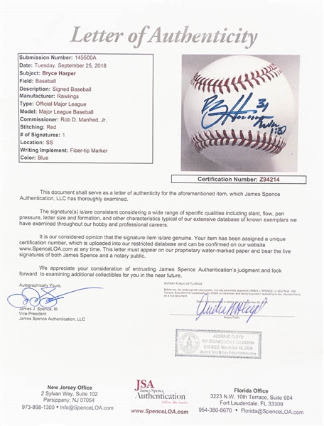 Bryce Harper Signed Official MLB Baseball - JSA LOA