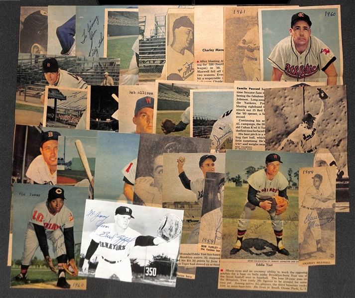 Lot of (26) Signed c. 1950s-1960s Newpaper Clippings - Includes J. Lemon, Turley, Allison, Piersall, W. Wyatt, Lary, Yost, and more - JSA Auction Letter