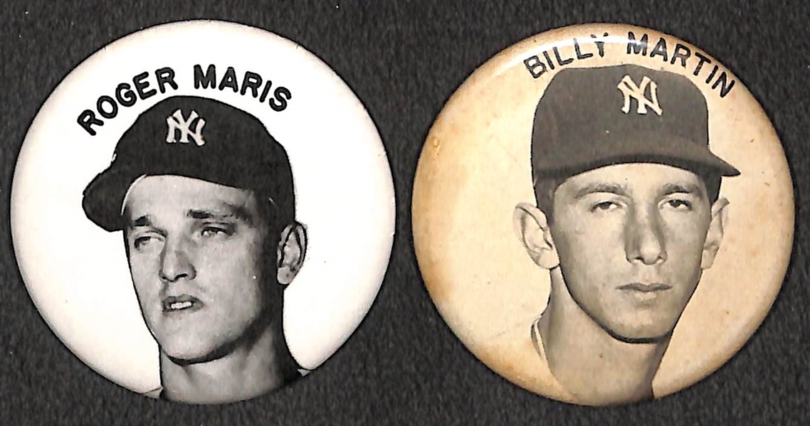 Lot of (2) 1950s PM10 NY Yankees Stadium Pins (Roger Maris, Billy Martin) - Missing Pin Backs