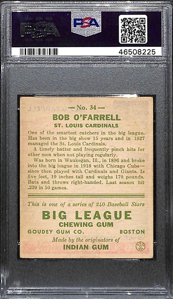 1933 Goudey Bob O'Farrell #34 PSA 6 (Autograph Grade 7) - Pop 1 (Highest Grade by Far!) - d. 1988