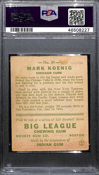 1933 Goudey Mark Koenig #39 PSA 4.5 (Autograph Grade 8) - Pop 1 (Highest Grade by 2 Full Grades!) - d. 1993