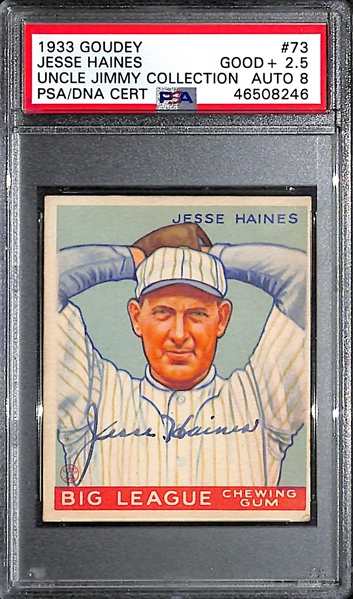 1933 Goudey Jesse Haines (HOF) #73 PSA 2.5 (Autograph Grade 8) - Only 11 PSA Graded Examples - d. 1978