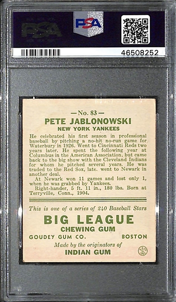 1933 Goudey Pete Jablonowski #83 PSA 5 (Autograph Grade 7) - Pop 1 - Only 2 PSA Graded Examples - d. 1974