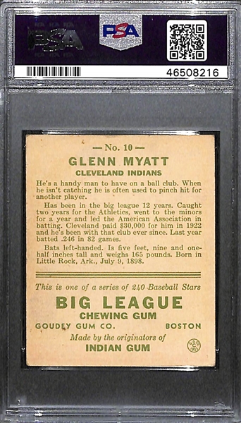 1933 Goudey Glenn Myatt #10 PSA 4 (Autograph Grade 8).  Pop 1 - Highest Grade Example and Only 4 PSA/DNA Exist! (d. 1969)
