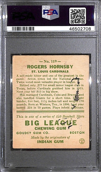 1933 Goudey Rogers Hornsby #119 PSA 4 MK (Autograph Grade 7) - Only 5 PSA/DNA Exist w. Only 1 Graded Higher! (d. 1963) 