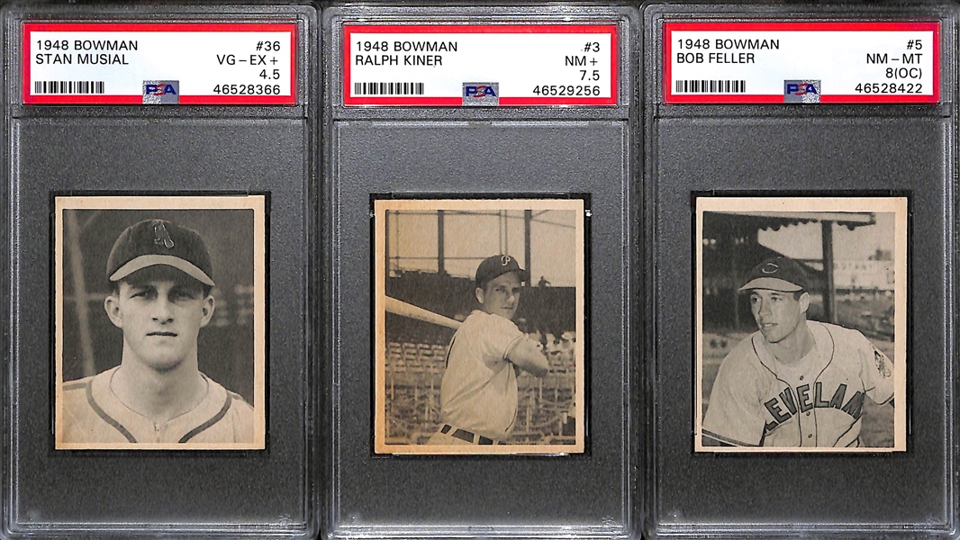 1948 Bowman Near Complete Set (44 of 48 cards) w. Stan Musial Rookie PSA 4.5, Kiner PSA 7.5, Feller PSA 8(OC), Rizutto PSA 4, Slaughter PSA 6, Spahn PSA 4