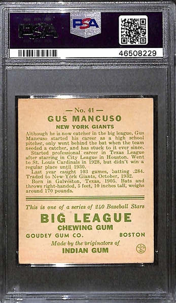 1933 Goudey Gus Mancuso #41 PSA 4 (Autograph Grade 4) - Pop 2 - Highest Grade of Only 11 PSA Examples - (d.1984) 