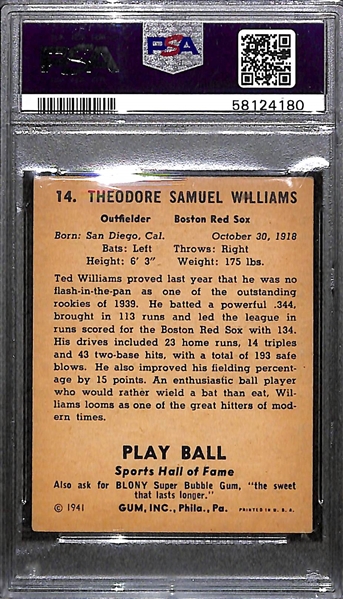1941 Play Ball Ted Williams #14 (3rd Year Card) Graded PSA 3.5