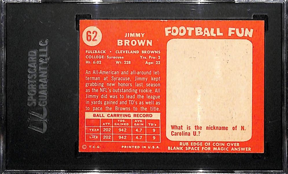 Pack Fresh 1958 Topps Jim Brown #62 Rookie Card SGC 6 w. Amazing Eye Appeal (Near Perfect Color and Edges/Corners)