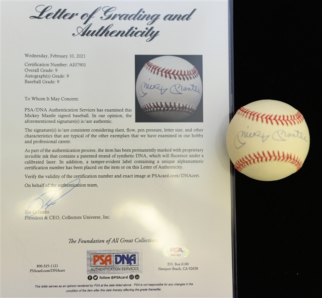 Mickey Mantle Single Signed OAL Rawlings Baseball PSA/DNA Grade 9 (Auto Grade 9, Baseball Grade 9)