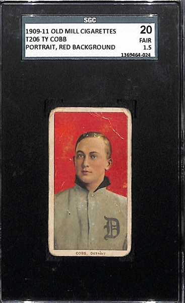 Rare 1909-11 T206 Ty Cobb (HOF) Portrait, Red Background Tobacco Card Graded SGC 1.5 (Old Mill Back)