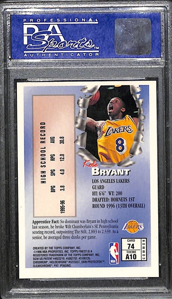 1996 Finest Kobe Bryant # 74 W/ Coating Graded PSA 10 Gem Mint 