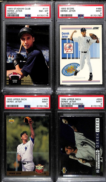 Lot of (4) Derek Jeter Graded Cards w. 1993 Stadium Club Murphy PSA 8, 1993 Score PSA 9, and 1993 Upper Deck PSA 9