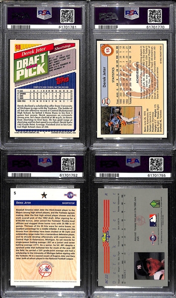 Lot of (4) Derek Jeter Graded Cards w. 1993 Topps Gold Rookie PSA 9, 1992 Front Row PSA 9, 1992 UD Minor League PSA 8 and 1992 Classic Best Blue Bonus PSA 7