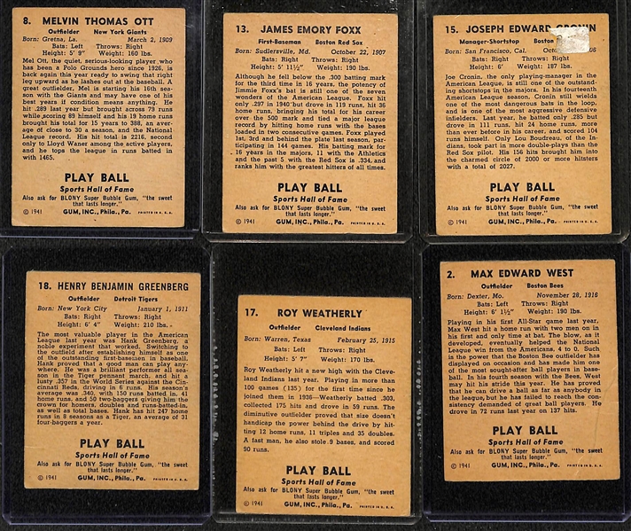  Lot of (6) 1941 Playball Cards w. Ott, Foxx, Cronin, & Greenberg