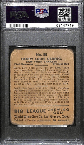 Rarely Seen 1936 World Wide Gum Canadian Goudey Lou Gehrig #96 Graded PSA 1 (Only 23 Ever Graded By PSA)