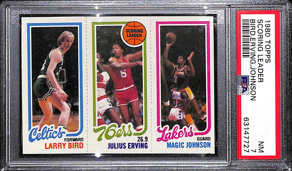 1980-81 Topps Larry Bird & Magic Johnson Scoring Leader Rookie Card  Graded PSA 7 (w. Julius Erving)