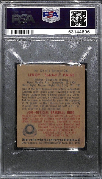 1949 Bowman Satchell Paige #224 Rookie Card Graded PSA Authentic