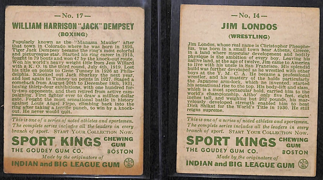 Lot of (2) 1933 Sport Kings Gum Boxing Cards w. Jack Dempsey & Wrestler Jim Londos