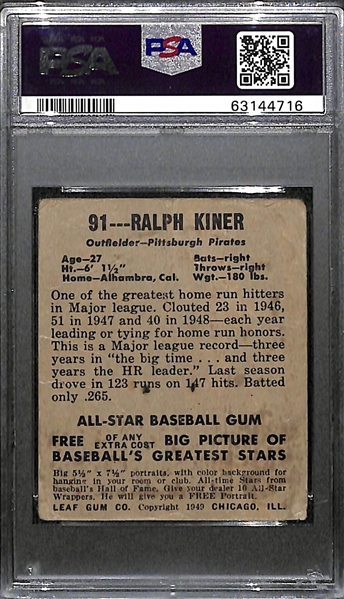 1948 Leaf Ralph Kiner Rookie Card #91 Graded PSA 1