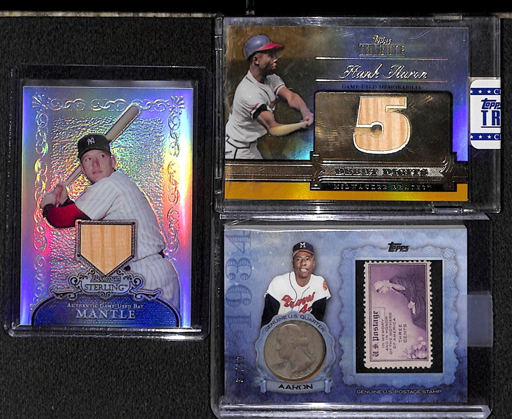 Lot of (3) Modern Baseball Inserts Featuring Mickey Mantle and Hank Aaron Game Used Bat Cards